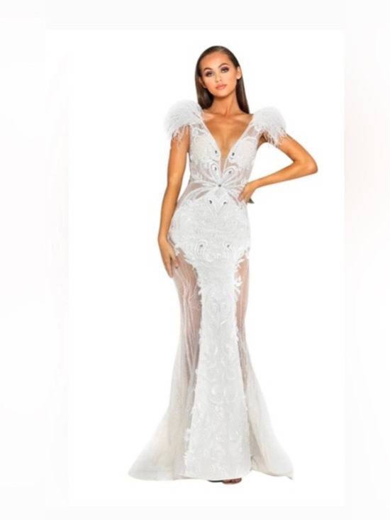 Portia and Scarlett Dresses & Skirts - Portia and Scarlett White Feather-Shoulder Embellished Mermaid Gown
